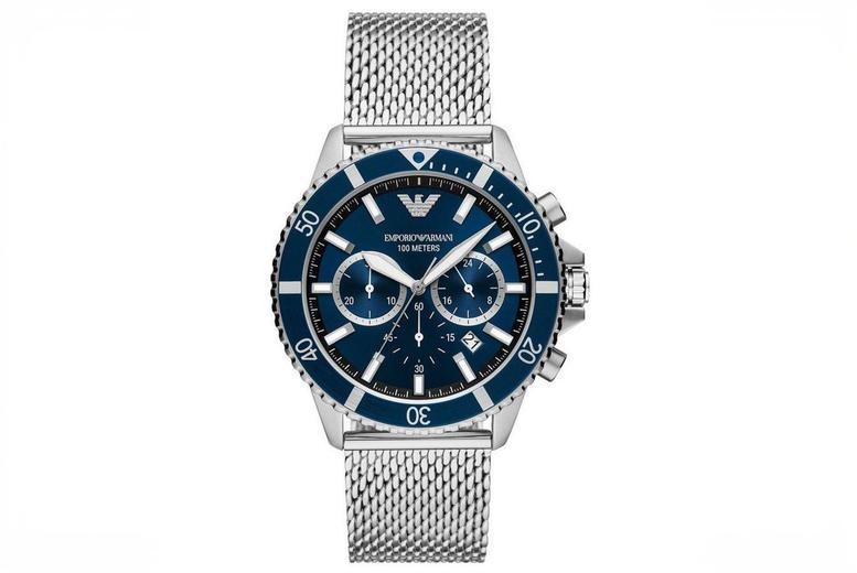Emporio Armani AR11587 Quartz Chronograph Watch – Blue Dial, 44mm Stainless Steel, Water-Resistant | Wowcher