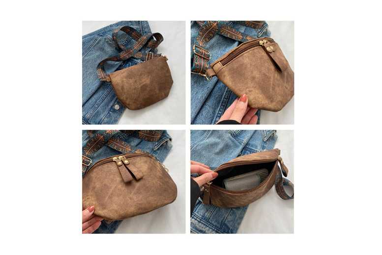 Unisex Khaki Vegan Leather Hobo Satchel Crossbody Purse – Adjustable Wide Strap, Minimalist Design, Everyday Size | Wowcher