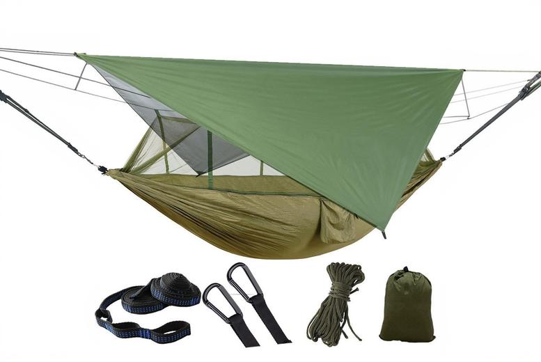 Double Camping Hammock with Mosquito Net & Waterproof Rainfly – 2-Person, 210T Nylon, Portable Outdoor Gear | Wowcher