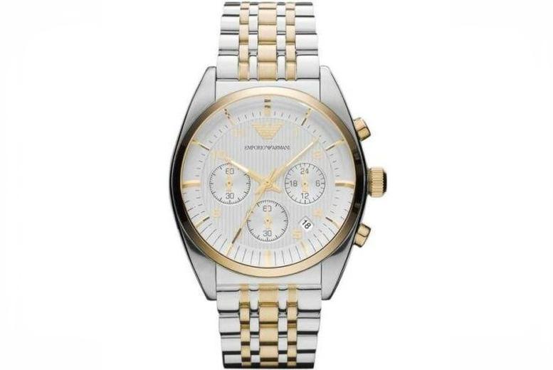 Emporio Armani AR0396 Men’s Chronograph Quartz Watch – Gold & Silver Stainless Steel, 42.5mm, Water-Resistant | Wowcher