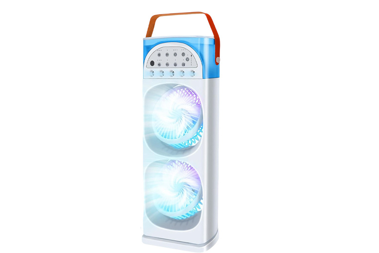 Double Head USB Mist Cooling Fan – 3 Speed Settings, 5-Hole Atomising Spray, Dual Adjustable Heads, LED Light – White | Wowcher