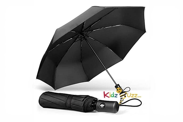 Unisex Black Set of 2 Windproof Auto Folding Umbrellas – 8 Resin Ribs, Durable Covers | Wowcher