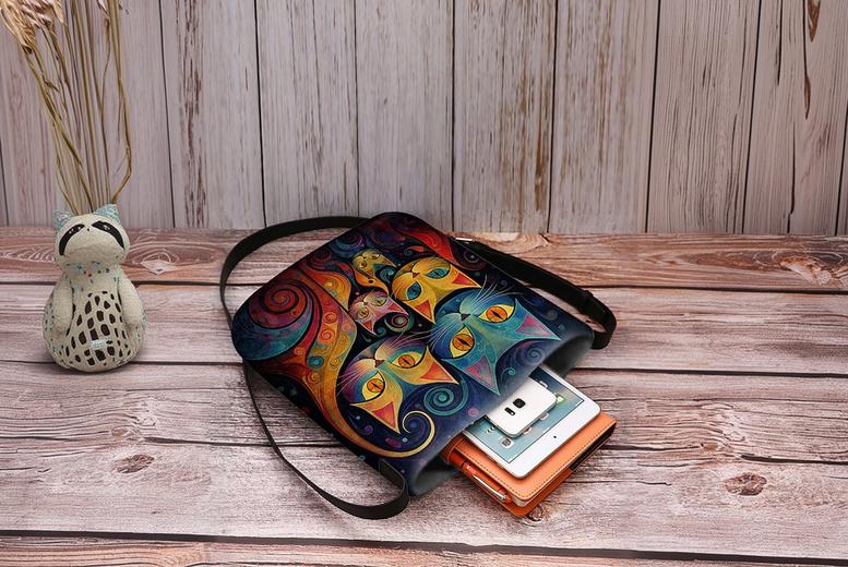 Black Cat Print Velvet Texture Women’s Crossbody Bag – 4 Colours | Wowcher