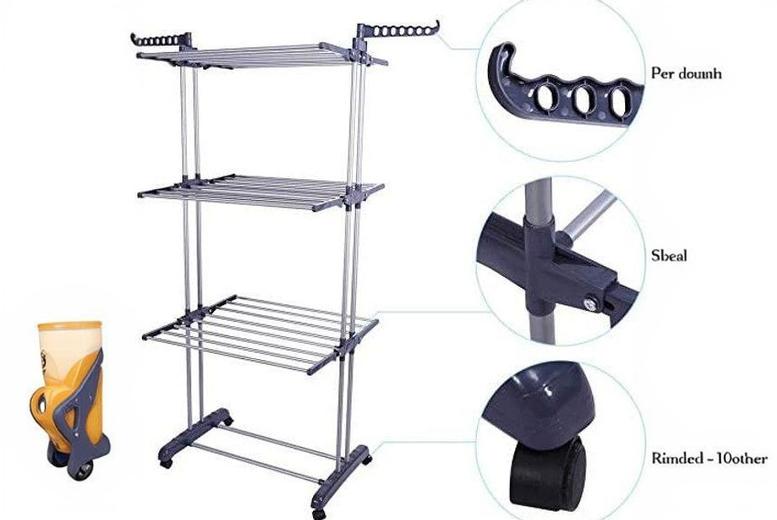 PRICE DROP! Spacious 3 Tier Foldable Clothes Airer with Wheels | Wowcher