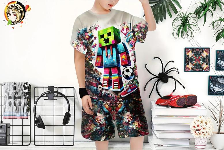Cartoon  Boys’ 3D Print T-Shirt & Shorts Set – 7 Sizes, 3 Colours | Wowcher