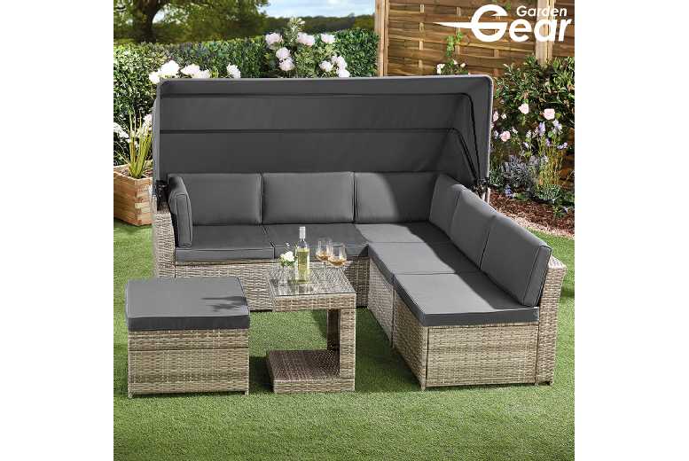 California 5-Seater Weather-Resistant Rattan Modular Daybed Sofa Set with Canopy | Wowcher