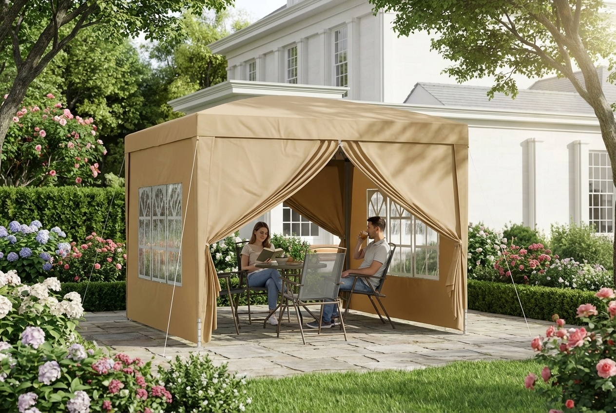 3x3m Weather-Resistant Pop-Up Steel Gazebo Shelter - Khaki Outdoor Marquee | Wowcher