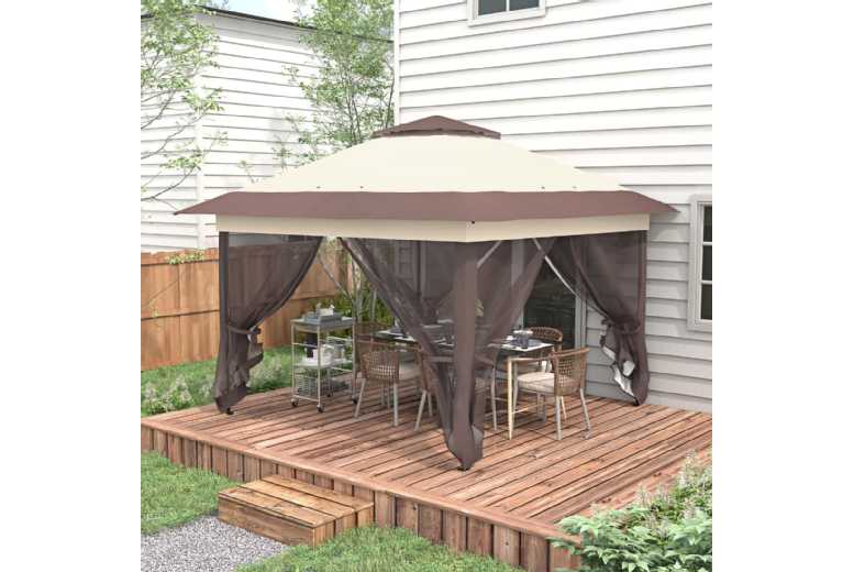 3.6×3.6m Pop Up Steel Gazebo with Netting – Adjustable, Weather-Resistant, Foldable – Khaki | Wowcher