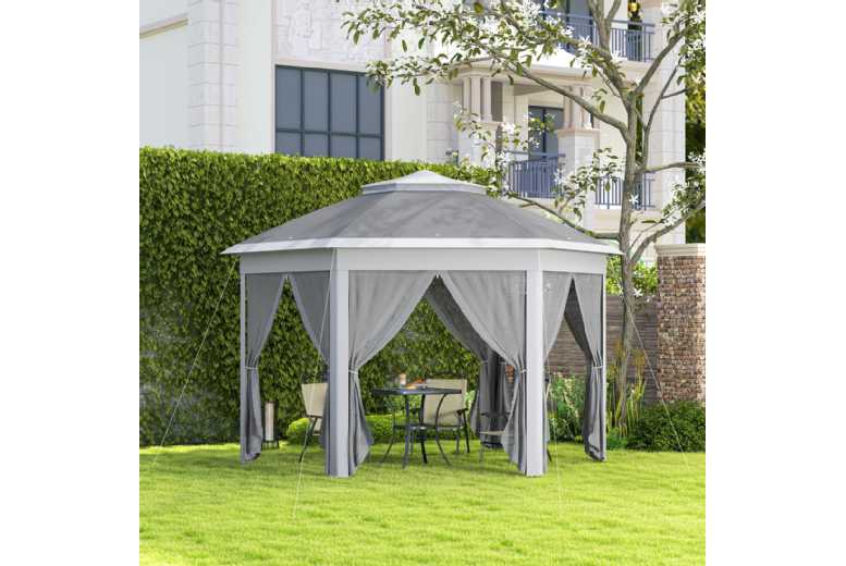 3x4m Weather-Resistant Hexagon Gazebo Tent with Mesh Netting & Carry Bag – Grey, Powder-Coated Steel Frame, Spacious Outdoor Shelter | Wowcher 3x4m Weather-Resistant Hexagon Gazebo Tent with Mesh Netting & Carry Bag – Grey, Powder-Coated Steel Frame, Spacious Outdoor Shelter | Wowcher