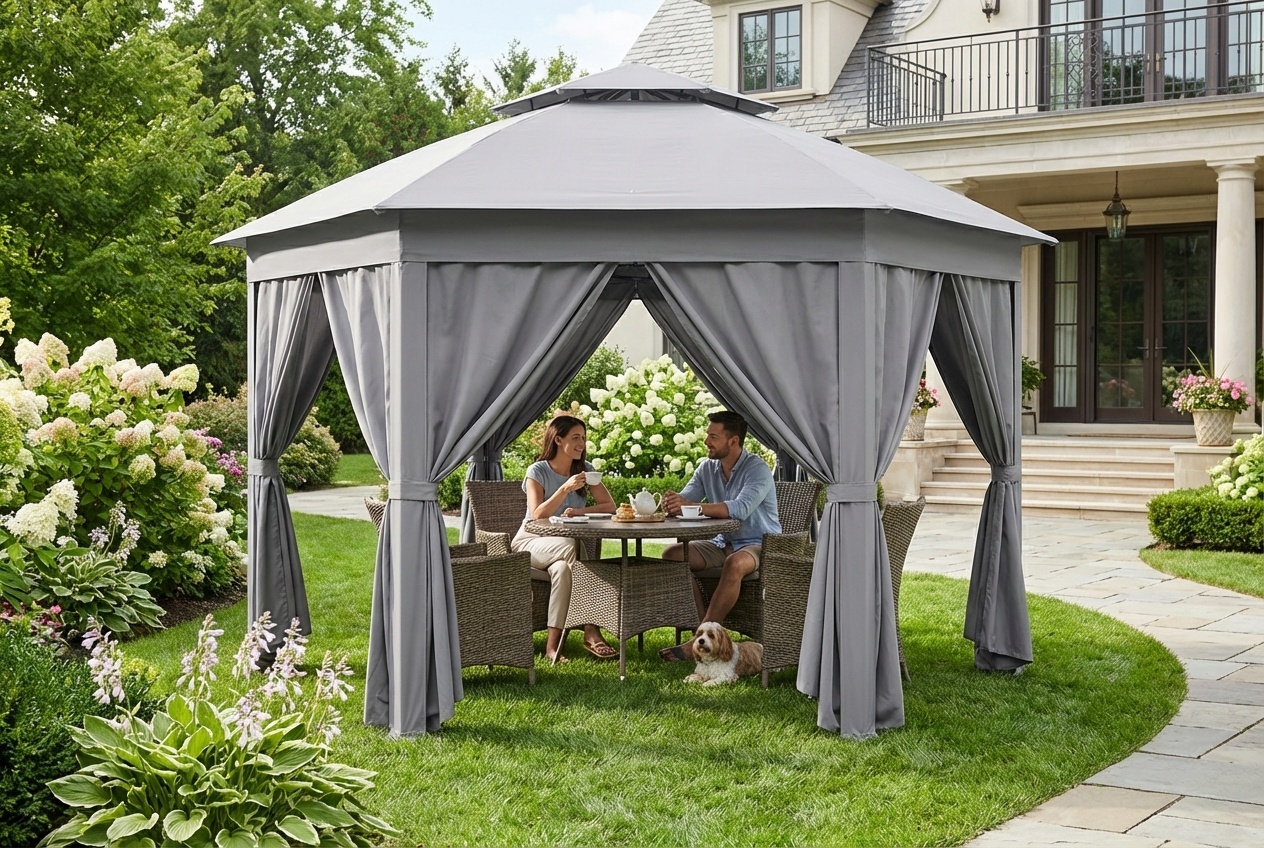 3x4m Weather-Resistant Hexagon Gazebo Tent with Mesh Netting & Carry Bag - Grey, Powder-Coated Steel Frame, Spacious Outdoor Shelter | Wowcher