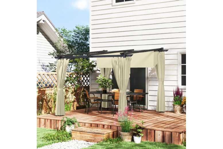 3x3m Aluminium Retractable Roof Pergola with Curtains – Weather-Resistant Garden Gazebo, Beige | Wowcher 3x3m Aluminium Retractable Roof Pergola with Curtains – Weather-Resistant Garden Gazebo, Beige | Wowcher