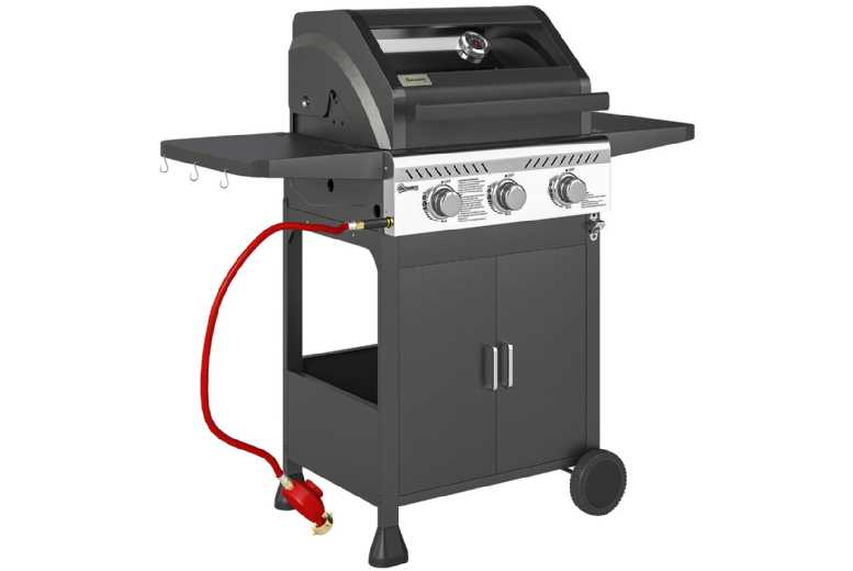 7.5kW 3-Burner Gas BBQ Grill with Glass Lid – Outdoor Cooking Station, Black | Wowcher
