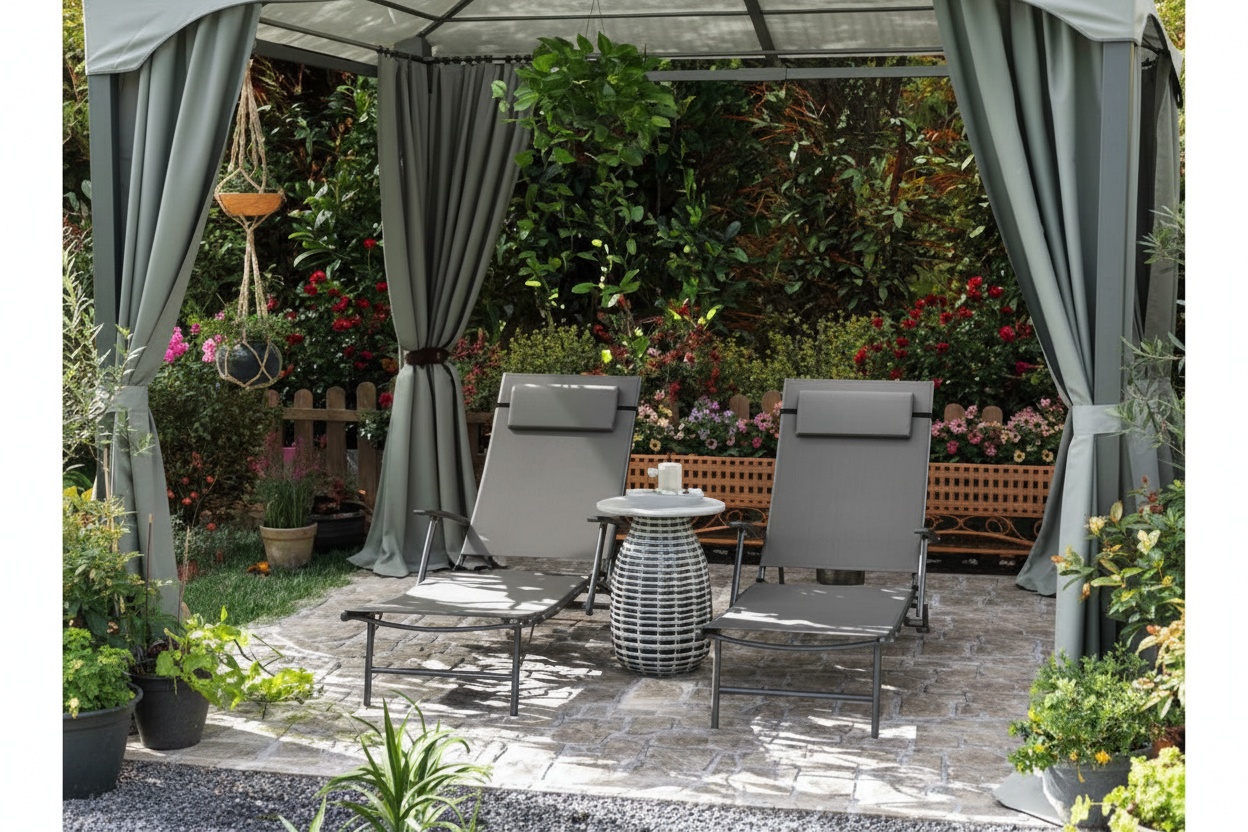 Set of 2 Adjustable Folding Reclining Sun Loungers with Pillows – Steel Frame, Weather-Resistant, Grey | Wowcher