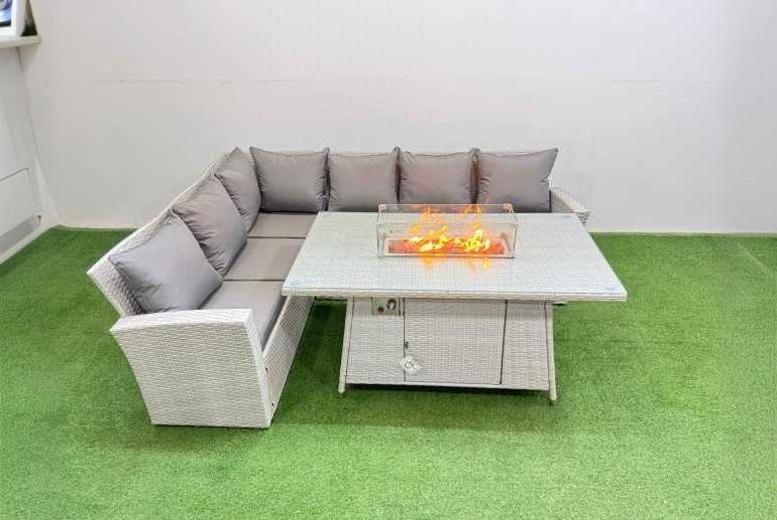6-Seat Light Grey Rattan Corner Dining Set with Fire Pit Table – Weather-Resistant Modern Outdoor Lounge | Wowcher