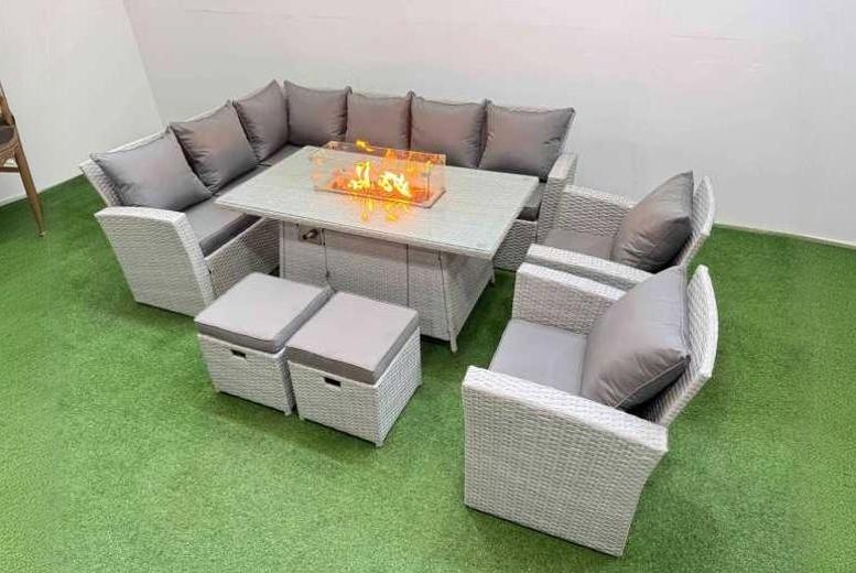 Rattan Corner Dining Sofa Set with Fire Pit Table & 2 Stools – Weather-Resistant, 7-Seater Outdoor Lounge | Wowcher Rattan Corner Dining Sofa Set with Fire Pit Table & 2 Stools – Weather-Resistant, 7-Seater Outdoor Lounge | Wowcher
