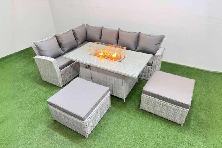 8-Seat Grey Rattan Garden Sofa Dining Set with Fire Pit Table – Weather-Resistant, Modern Outdoor Lounge | Wowcher