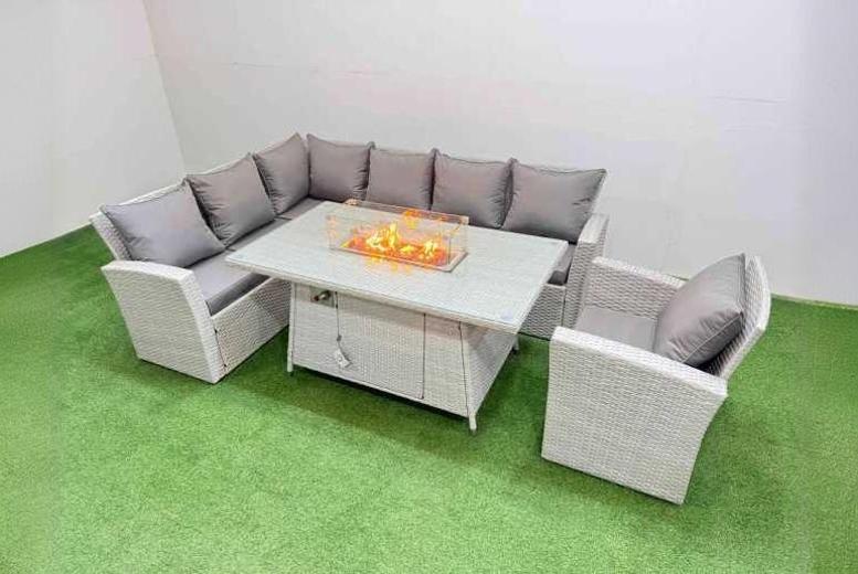 7-Seat Light Grey PE Rattan Garden Dining Set with Fire Pit Table | Wowcher 7-Seat Light Grey PE Rattan Garden Dining Set with Fire Pit Table | Wowcher