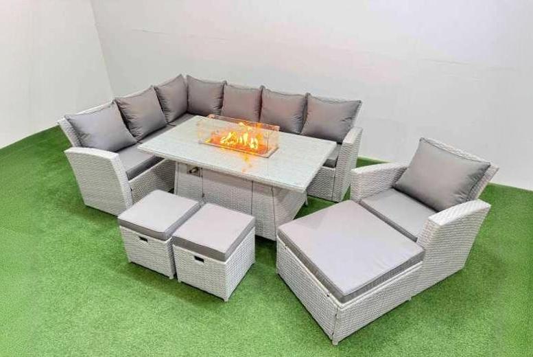 10-Seat Grey Rattan Garden Sofa Set with Fire Pit Table – Weather-Resistant Outdoor Lounge | Wowcher