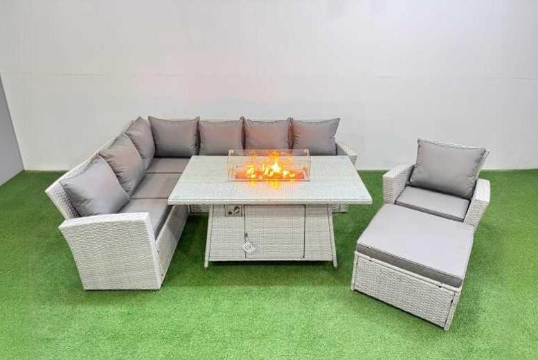8-Seat Grey Rattan Garden Sofa Set with Fire Pit & Large Footstool – Modern Outdoor Dining | Wowcher