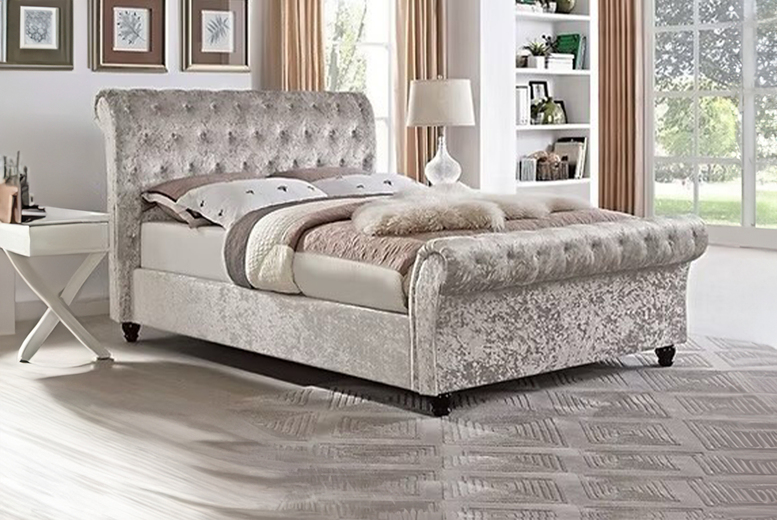 Sara Crush Velvet Sleigh Bed Frame with Memory Foam Mattress | Wowcher