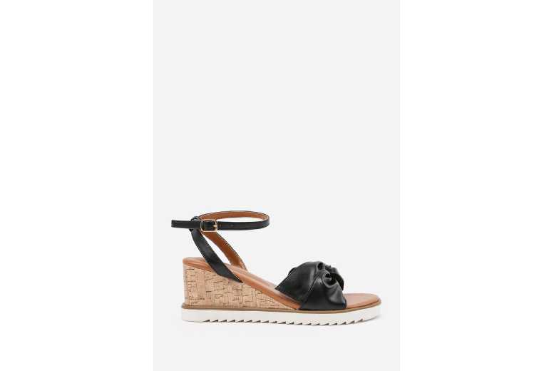 Black Women’s Faux Leather Knot Detail Wedge Sandals with Buckle Strap – Casual Summer Footwear | Wowcher
