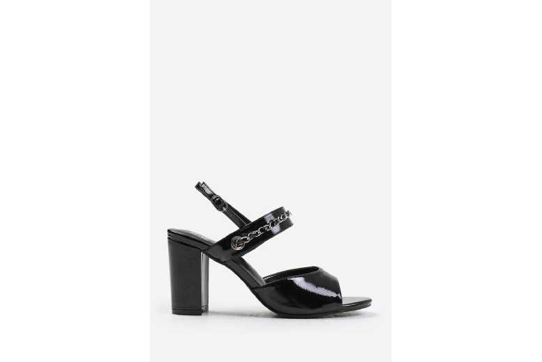 Black Women’s Wide Fit Strappy Dress Sandals – Mid Block Heels with Chain Detail | Wowcher
