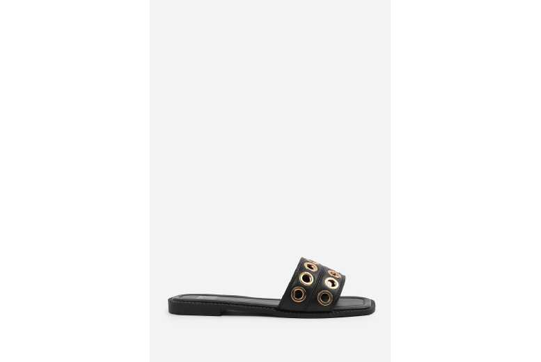 Black Women’s Leather Flatform Sandals – Stylish Hole Strap Detail, Casual Comfort | Wowcher