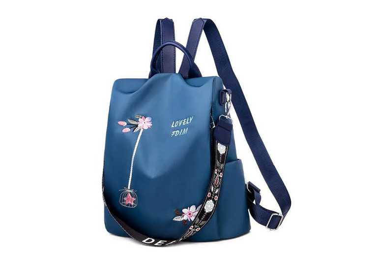Floral Embroidered Anti Theft Backpack – Black, Blue or Khaki | Wowcher