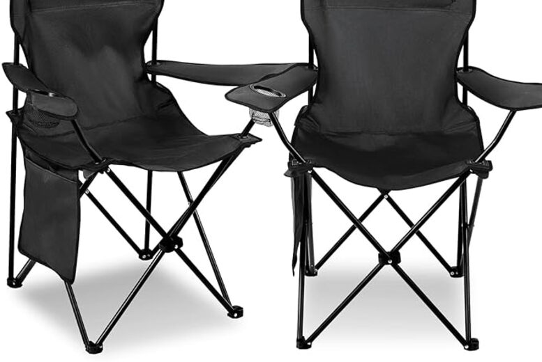 2pk Lightweight Folding Camping Chairs with Cup Holder & Storage Pocket – 600D Oxford, Steel Frame, Portable Outdoor Seating | Wowcher