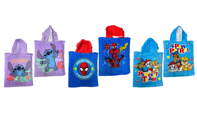 Kids 100% Cotton Character Hooded Poncho – Lilo & Stitch, Spiderman, Paw Patrol – Fun Bath & Beach Towel for Ages 3-8 | Wowcher
