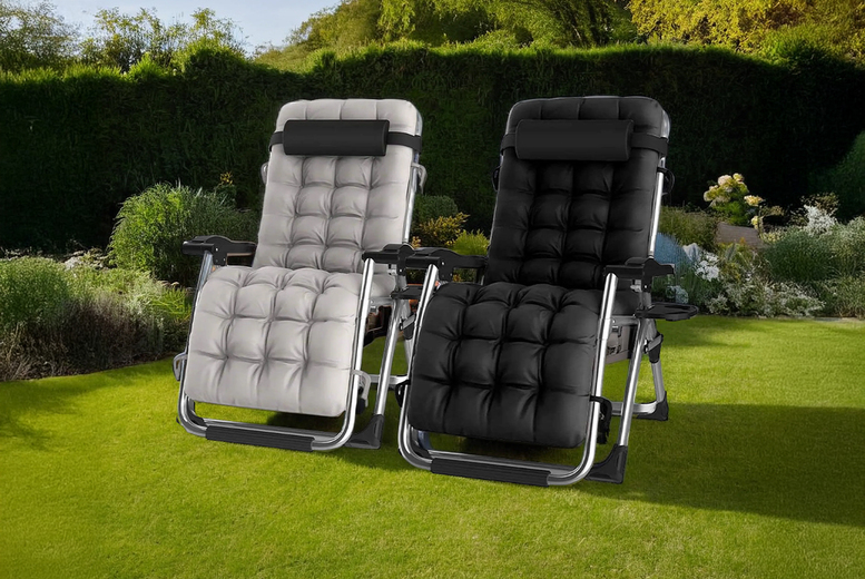 Extra Wide Reclining Sun Lounger – Steel, Foldable, Cushioned, Grey/Black | Wowcher