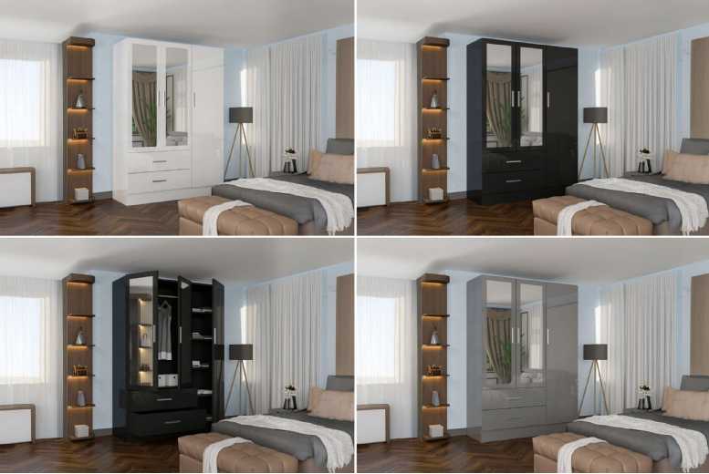 Contemporary High Gloss 3 Door Wardrobe with Mirror – Modern Bedroom Storage, White/Black/Grey, Space-Saving Design | Wowcher