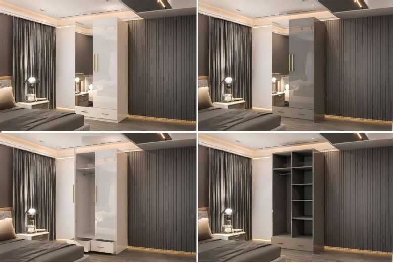 Modern High Gloss 2-Door Hinged Wardrobe with Mirror, Drawers & Gold Handles – Compact MDF Bedroom Storage in White or Grey | Wowcher