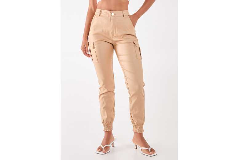 Women’s Black Pink PU Cuffed Cargo Trousers – Lightweight Contemporary Summer Utility | Wowcher