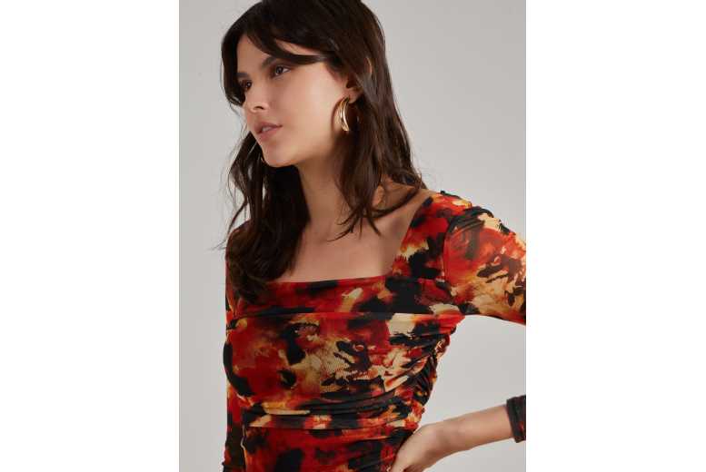 Women’s Orange Pink Vanilla Ruched Smudge Print Long Sleeved Dress | Wowcher