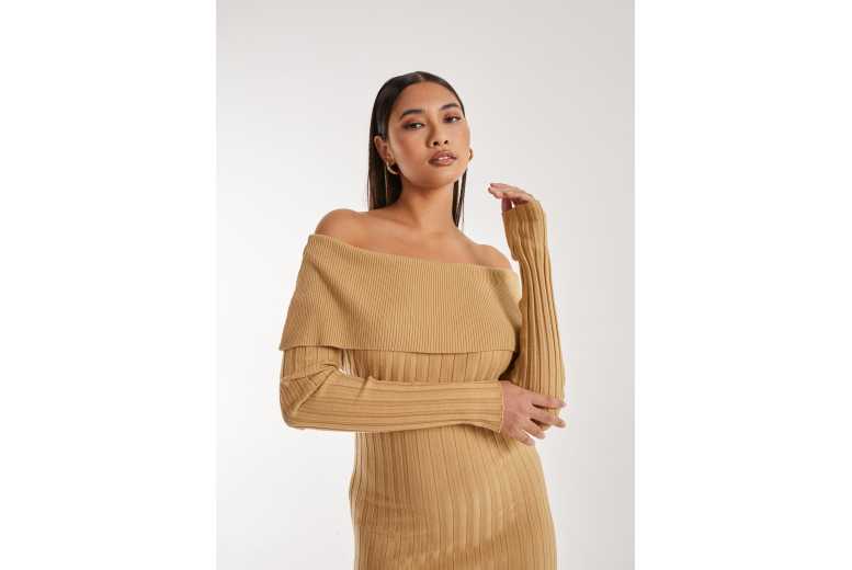 Women’s Camel Bardot Ribbed Knit Maxi Dress | Wowcher