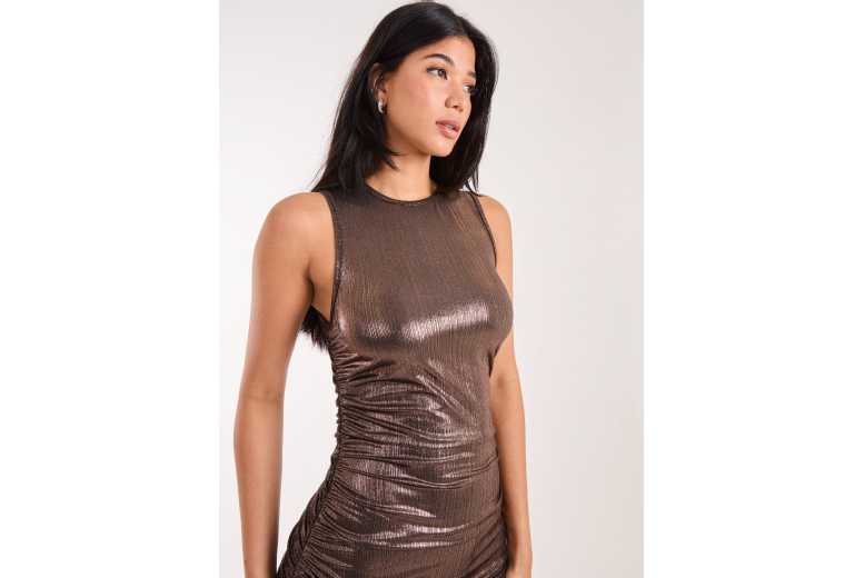 Women’s Black Pink Vanilla Metallic Ruched Bodycon Midi Dress – Festival Partywear, UK Made, Stretch Fit | Wowcher