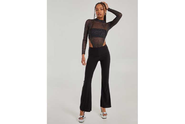 Women’s Black Pink Vanilla Glitter Mesh Long Sleeve Bodysuit – UK Made, Stretch Fit, Partywear | Wowcher