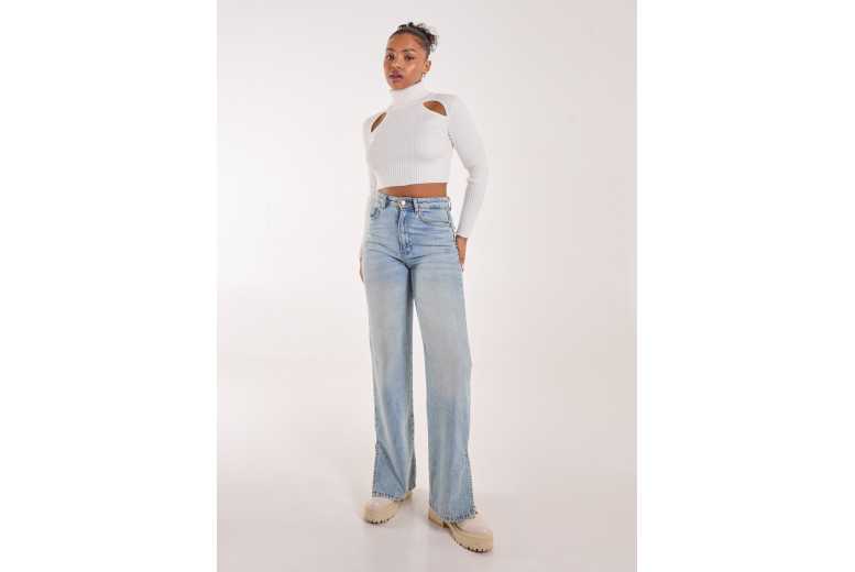 Unisex Ivory Pink Vanilla Ribbed Roll Neck Jumper With Cut Out Detail | Wowcher