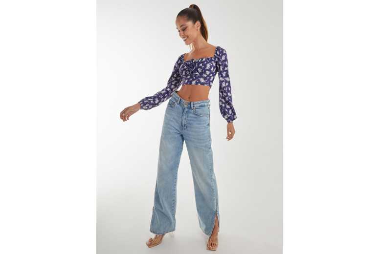 Unisex Navy Pink Vanilla Floral Printed Milkmaid Long Balloon Sleeve Top | Wowcher