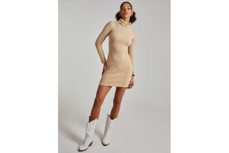 Women’s Cream Pink Vanilla Chunky Rib Knit Roll Neck Midi Dress – Long Sleeve, Cosy Winter Fit, UK Made | Wowcher
