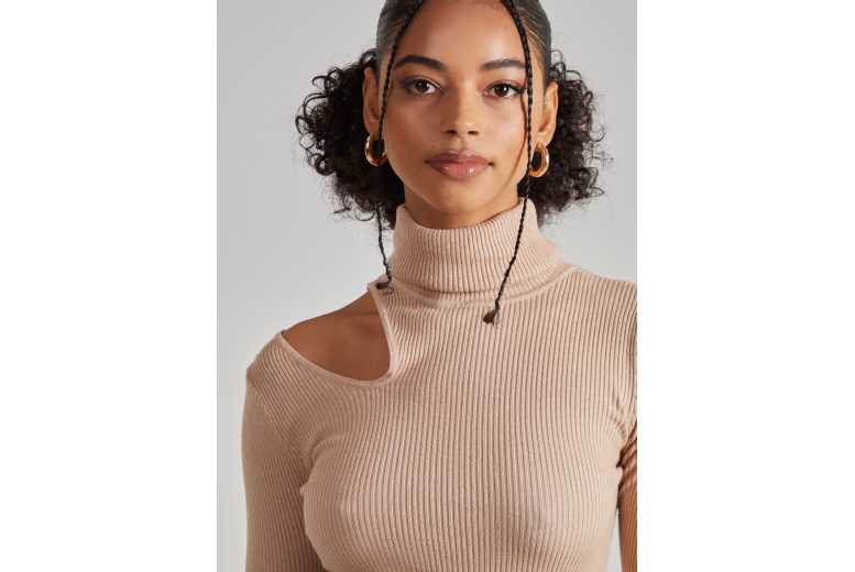 Unisex Camel Pink Vanilla Knit Cut Out Turtle Neck Top | Wowcher