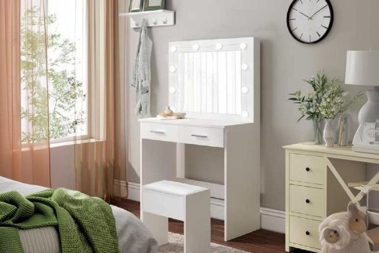 Seraphina White Dressing Table & Stool Set with LED Mirror – Contemporary Bedroom Vanity, 2 Drawers | Wowcher Seraphina White Dressing Table & Stool Set with LED Mirror – Contemporary Bedroom Vanity, 2 Drawers | Wowcher