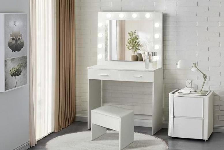 Clarisse White 2 Drawer Vanity Dressing Table & Stool Set with LED Mirror – Modern Bedroom Furniture | Wowcher