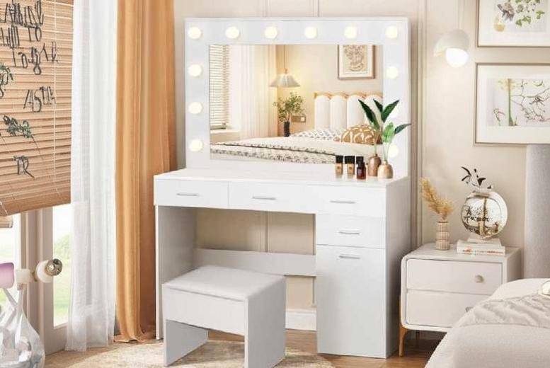 Clarisse Modern White 4-Drawer Bedroom Vanity Set with LED Mirror & Storage – Dressing Table and Cushioned Stool | Wowcher