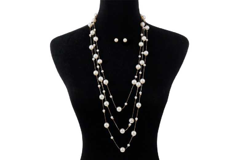 Luxury Gold-Plated Pearl Multi-Layer Necklace & Chanel Style Earrings Set – Adjustable, Hypoallergenic, French- Jewellery | Wowcher