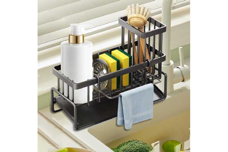 Kitchen Sink Caddy Organizer with Tall Brush Holder – Compact Carbon Steel Kitchen Storage | Wowcher