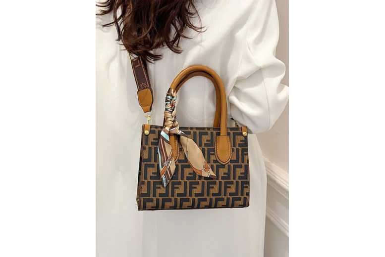 Unisex Brown Fashionable Printed Letter Tote Bag – Vegan Leather, Adjustable Strap, Lightweight Crossbody Purse | Wowcher