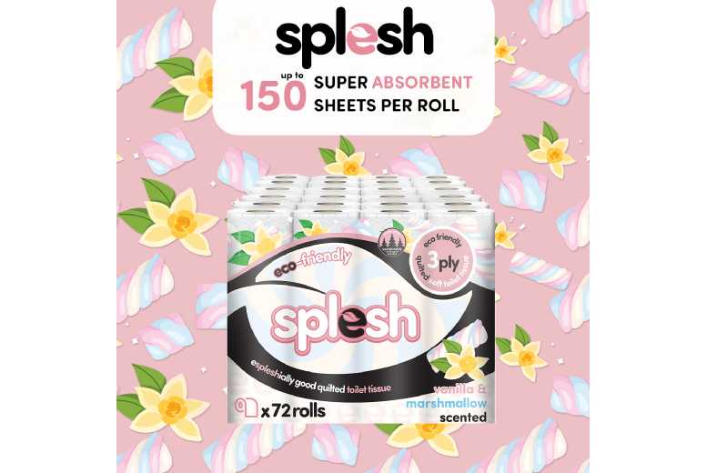 Splesh Quilted Toilet Paper 3-Ply, 72 Rolls – Extra Soft, Eco-Friendly, Vanilla & Marshmallow Scent | Wowcher