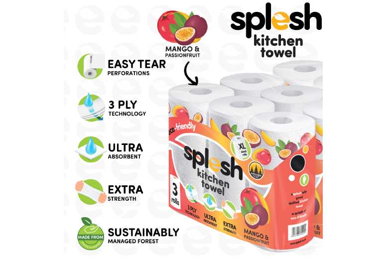 Splesh Eco-Friendly XL Kitchen Towels – 3-Ply, Ultra Absorbent, Scented, 18-Roll Pack | Wowcher